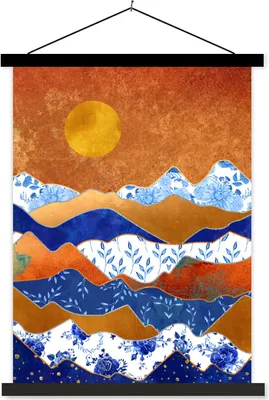 Produktbild von MuchoWow® Textilposter Delfter Blau - Muster - Gold 90x120 cm mit schwarzem Rahmen - Dekoration