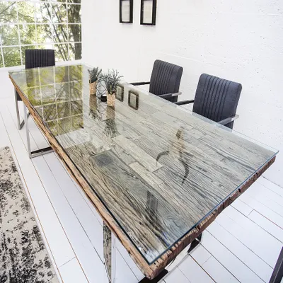 Produktbild von riess-ambiente Massiver Esstisch BARRACUDA 180cm antik Teak Holz mit Stahl Kufenfüßen inkl. Glasplatte Esszimmertisch Konferenztisch Tisch