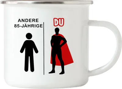 Produktbild von Andere 85-Jährige Du Emaille Tasse Geburtstagsgeschenk zum 85. Lustige Geschenkidee Superheld