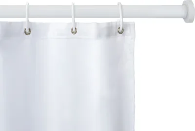 A close-up view of a white shower curtain hanging from a white shower curtain rod.