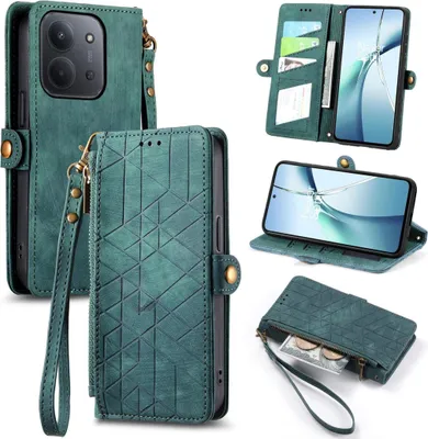 Produktbild von Für Xiaomi Redmi 15C 5G / 4G Design Kunstleder Zipper Book Wallet Tasche Grün