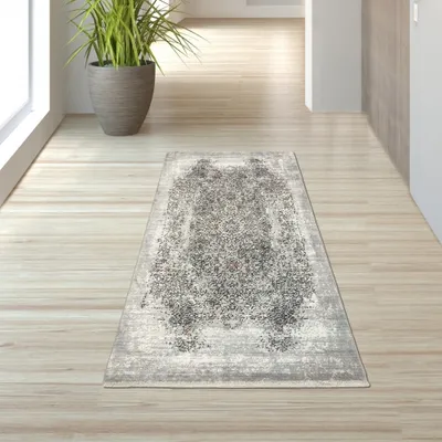 Zdjęcie produktu dla Abstrakcyjny dywan w kolorze pomarańczowo-szarym, wymiary: 80 x 150 cm