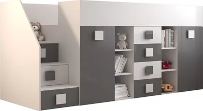 Produktbild von Etagenbett für Kinder Toledo 3 Stockbett mit Treppe, Schreibtisch, Bettkasten (Weiß/Weiß Glanz + Grau Glanz, Seite: Links)