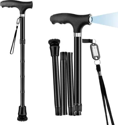 Image de Canne articulée – déambulateur pliable avec canne-guide légère – aide à la marche avec embout en caoutchouc et roulette.
