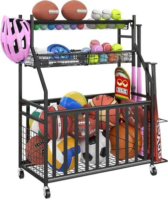 Produktbild von Sportartikel Organizer - Ballenwagen mit Rädern - Sportartikel Aufbewahren - Mit Haken und Knopfhalter