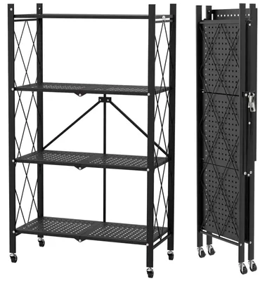 Zdjęcie produktu dla Składany regał na kółkach - 4-poziomowy wózek magazynowy - metalowa konstrukcja - udźwig 154 kg - oszczędza miejsce - idealny do kuchni, garażu, salonu