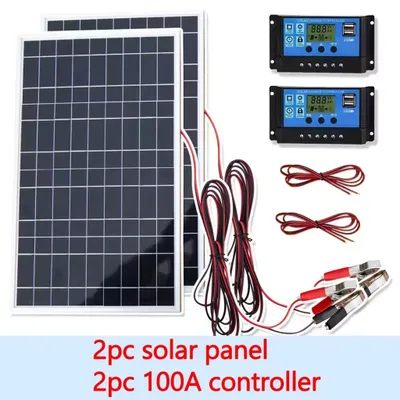Imagen del producto de Kit de paneles solares: 2 módulos solares policristalinos, 12 V, regulador de carga de 100 A, para uso en exteriores