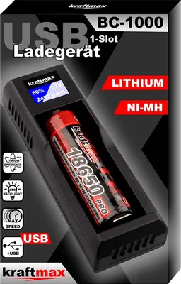 Produktbild von Kraftmax BC-1000 USB Akku Ladegerät für 18650 | 26650 | 14500 | 16340 | CR123 | 3,7V Lithium Akkus - Neueste Version mit Li-Ion Smart Charging