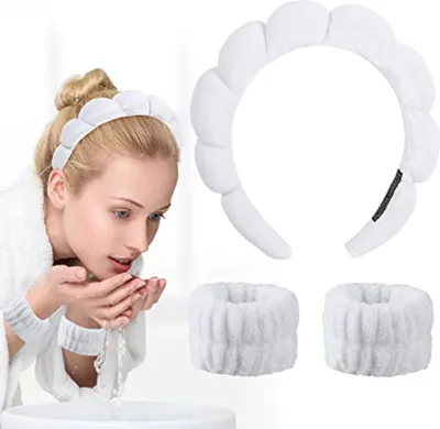 Image de ASKSA 3 pièces Spa bandeau poignet bande de lavage Set Make up bande de cheveux, Blanc