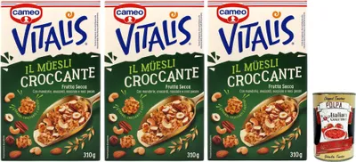 Produktbild von Cameo Vitalis Muesli Croccante Frutta Secca, Müsli knusprige getrocknete Früchte mit Ganzhöfenflocken Hafer Mandeln Anacardi Haselnüsse und Pekannusswalnüsse, 3x 310 g + Italian Gourmet polpa 400g