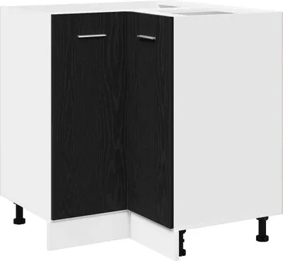 A corner kitchen cabinet with a black wood-look door and white sides, shown from a slightly angled front view.