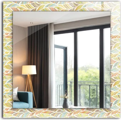 Produktbild von Dekorativer Wandspiegel - Bedruckter Spiegel - Motiv - 60x60 cm - Bunte Wellen Aus Blättern