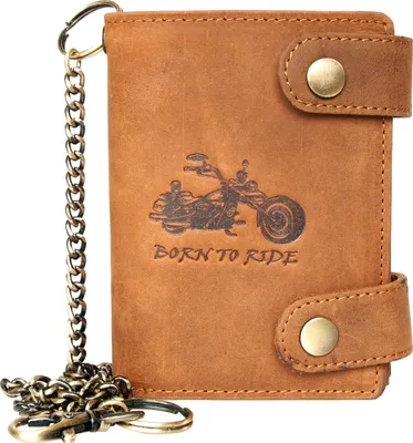 Image de Porte-monnaie Biker RFID en cuir naturel Born to Ride avec une moto et une chaîne en métal