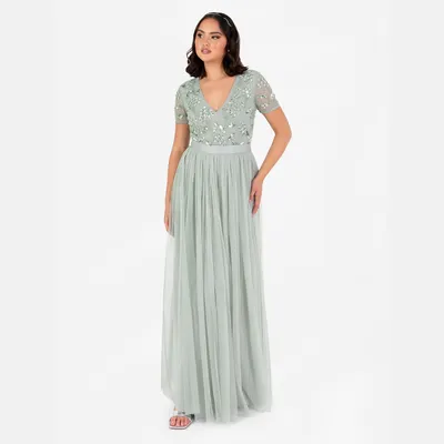 Produktbild von Maya Deluxe Damen Maxikleid, Blumenmuster, mit Pailletten verziert, V-Ausschnitt, kurze Ärmel