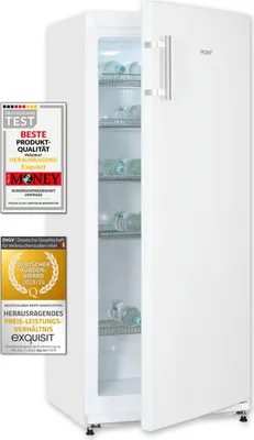 A white upright refrigerator with its door slightly ajar, revealing shelves and bottles inside. Two award badges are placed on the left side of the refrigerator.