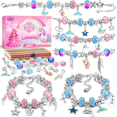 Imagen del producto de Kit de manualidades para crear joyas con temática de unicornio, incluye 16 cuentas de colores, 30 dijes, 3 pulseras ajustables, ideal para niños