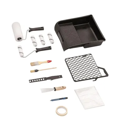 Produktbild von Maler und Renovier Set 15 teilig Komplettset mit Farbwalzen Pinseln Abdeckfolie Kreppband Spachtel Farbwanne Abstreifgitter