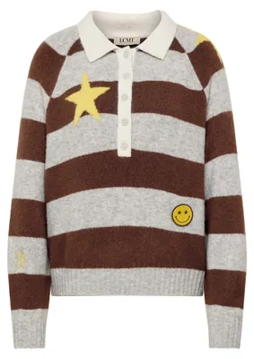 Produktbild von Hellgrauer Geringelter Strickpullover Oversized mit Polokragen, Knopfleiste, Stern & Smiley-Patch, Größe 38