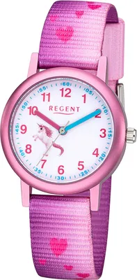 A pink children's watch with a unicorn design.