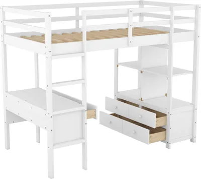 Produktbild von Kinderhochbett (90x200cm,Weiß),Etagebett mit Stauraumschubladen und Unterbettschreibtisch