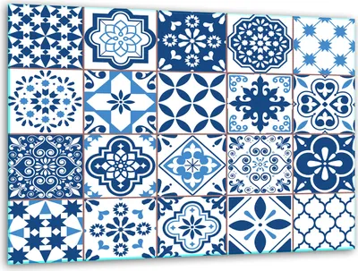 A collage of various blue and white mosaic tile patterns.