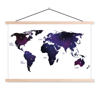 Produktbild von MuchoWow® Textilposter Weltkarte - Lila - Sternenhimmel - Kinder - Jungen - Mädchen 60x40 cm mit holzfarbenen Rahmen - Bilder