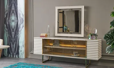 Productafbeelding van Buffetkast, servieskast, dressoir met spiegel, eikenhout, beige, commode
