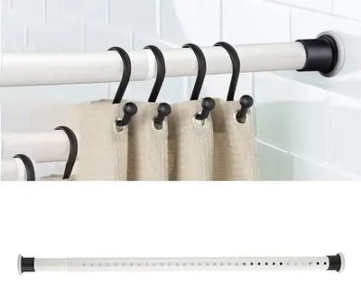 Obrázek produktu pro Tyč na závěs do sprchy - Teleskopická napínací tyč - Bez vrtání - Nastavitelná délka 160–210 cm - Protiskluzová - Bílá
