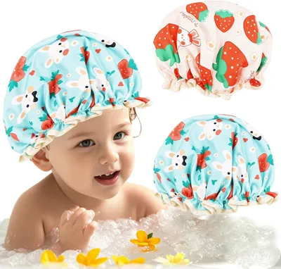 Imagen del producto de Juego de dos gorros de ducha para niños, impermeables, de 23 x 23 cm, con diseños infantiles
