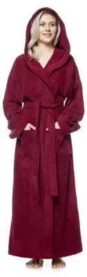 Produktbild von Bademantel Pandora für Damen mit Kapuze, extra lang, 100% Baumwolle, Farbe:Bordeaux, Größe:XL