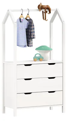 Produktbild von Kinderzimmer Kommode AMIRA mit Kleiderstange in Hausform - weiß, 3 Schubladen, integrierte Kleiderstange, Stauraum für Kleidung, Spielzeug, Bücher, Kiefernholz