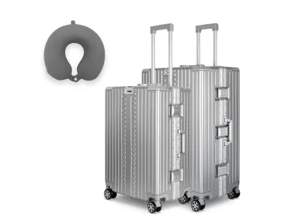 Produktbild von WINLIFE® SPARSET Koffer L+XL mit Anthrazit Nackenkissen – 65cm & 75cm Hartschalen-Trolley ABS Alu-Rahmen TSA-Schloss leicht & robust Silber