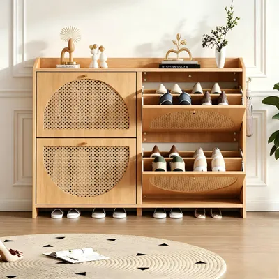 Immagine prodotto di Armadio per scarpe in legno naturale di oqwish, con ganci e ante in rattan, mobile contenitore con diversi scomparti, ideale per l'ingresso e la zona giorno