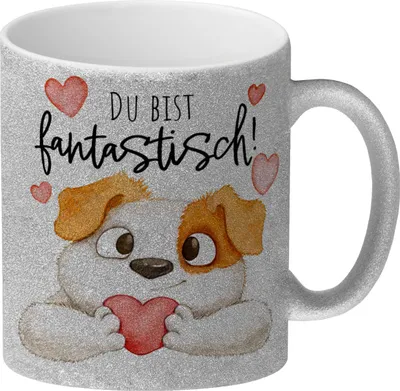 Produktbild von Hund Glitzer-Kaffeebecher mit Spruch Du bist fantastisch