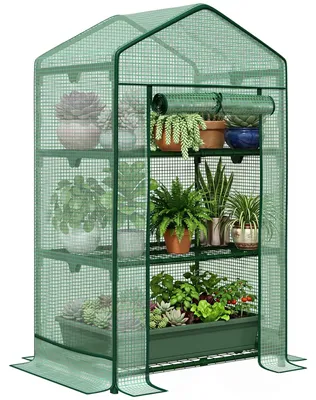 Produktbild von Mini-Gewächshaus mit Folienabdeckung, 3 Regalböden, Rolltür, Gartenregal
