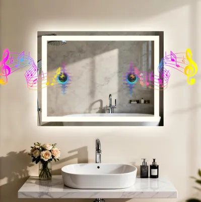 Produktbild von WISFOR Bluetooth LED Badspiegel 50x70 cm Wandspiegel Beschlagfrei Speicherfunktion 3 Lichtfarben IP66