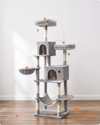 A multi-level cat tree with various platforms, cubbies, and a hammock, set against a plain white background.