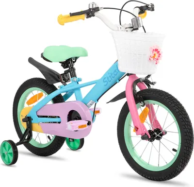 Produktbild von HILAND Macaron 14 Zoll Kinderfahrrad für Mädchen & Jungen ab 3 4 5 6 7 Jahren, mit Korb & Stützrädern, Blau