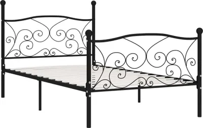 A black metal bed frame with a slatted base, shown from a side angle against a white background.