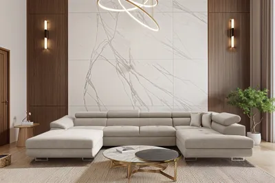 Produktbild von Wohnlandschaft Schlafsofa Sofa CARMELO in Stoff Nova Hellgrau Ottomane Links