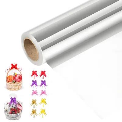 Obrázek produktu pro Průhledná balicí fólie, 40 cm x 30 m, s 10 stužkami, průhledný balicí papír