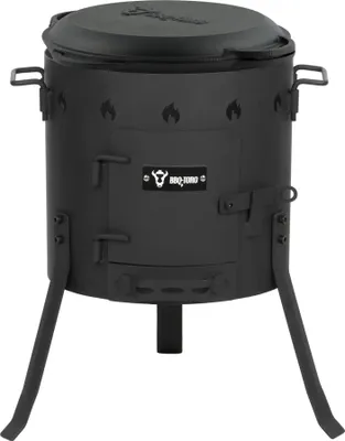 A black cast iron kazan oven with a lid and three legs, shown from the front against a white background.