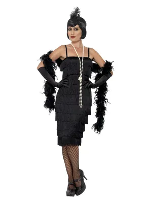 Produktbild von Charleston Flapper Lang Schwarz (Kleid, Haarband & Handschuhe) S
