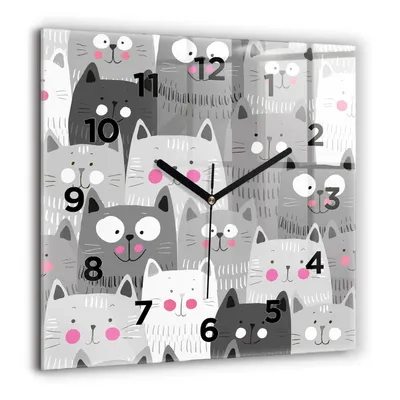 Produktbild von Wallfluent Große Wanduhr – Stilles Quarzuhrwerk - Uhr Dekoration Wohnzimmer Schlafzimmer Küche - Zifferblatt - schwarze Zeiger - 60 cm - Muster mit Katzen