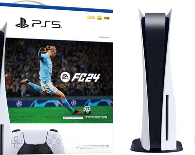 A PlayStation 5 console and game box are displayed side-by-side.