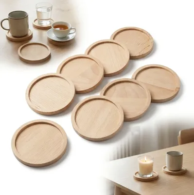 Produktbild von SET mit 10 HOLZUNTERSETZERN AUS BUCHE, 11 cm, unbehandelt, rund, für Tassen und Kerzen