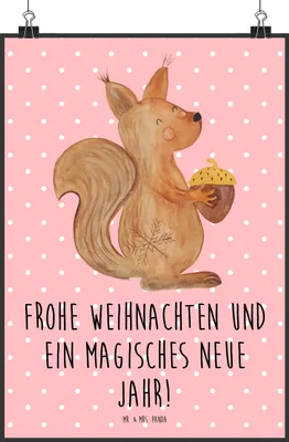 Produktbild von Mr. & Mrs. Panda Bild Eichhörnchen Weihnachten DIN A2 - Rot Pastell - Geschenk, Neujahr, Guten Rutsch, wanddeko, Wandbild, Weihnachtsgruß, drucke, Posterdruck, Plakat