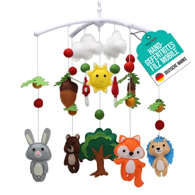 Produktbild von Wortek Mobile Baby Mobile Babybett Mobile Wickeltisch – mit Waldtieren aus Filz - Baby Mobile für Bett Baby Windspiel zum Aufhängen