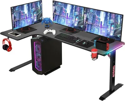 Produktbild von L-förmiger Gaming-Computertisch mit LED-Leuchten, Eckschreibtisch 160 x 100cm Gaming Schreibtisch, PC Tisch Gaming mit Kohlefaseroberfläche, mit Kopfhörerhaken Getränkehalter