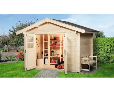 Produktbild von WEKA 132.3030.00.00 Premium Gartenhaus/Blockbohlenhaus Neustadt 3 /Doppeltür/ ; Größe: 2 ; Farbgebung: Naturbelassen ; Wandstärke: 45 mm ; Maße (LxBxH): 300 cm x 300 cm x 262 cm ; Seitenwandhöhe: 210 cm